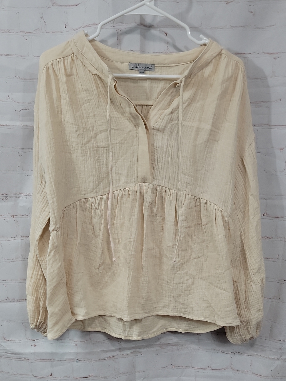 Cream Gauzy Peasant Tunic - Tie Neck